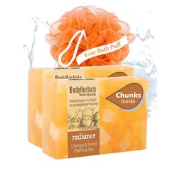 BodyHerbals Set of 2 Radiance Orange Neroli Bathing Bar with Natural Chunks & Bath Puff-16