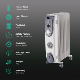 Russell Hobbs ROR09XLTF 2400W Oil Filled Radiator Room Heater with 9 Fins (24 Hour Adjustable Timer image 3