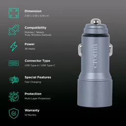Croma 38 Watts Type A and Type C 2-Port Car Charger (Quick Charge 3.0, Grey) image 2