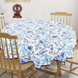INDHOME LIFE White & Blue Floral Printed Pure Cotton 4-Seater Table Cover-20