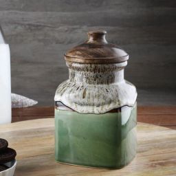 vareesha Hand Painted Studio Pottery Green Airtight Ceramic Jar with Wooden Lid - 1000 gms-picture-43
