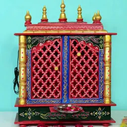 india home wood Red & Green Mango Wood Floor Rested Mandir With Door-picture-42