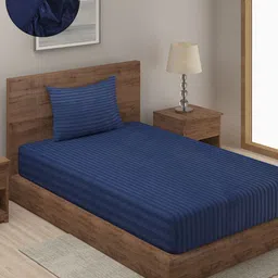HOSTA HOMES Navy Blue Striped 280 TC Single Bedsheet with 1 Pillow Covers-image-21