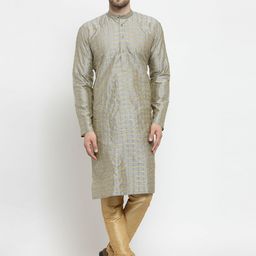 SOJANYA Men Grey & Gold-Toned Checked Kurta with Churidar-11