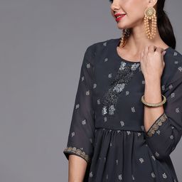 Indo Era Women Navy Blue Printed Pleated Beads and Stones Kurta with Sharara-image-69