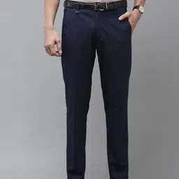Van Heusen Men Navy Blue Textured Slim Fit Trousers-image-21