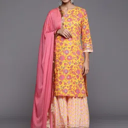 Varanga Women Yellow Floral Printed Pure Cotton Kurta with Sharara & With Dupatta-picture-53