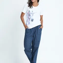 mackly Women White & Blue Unicorn Printed Night suit-image-80