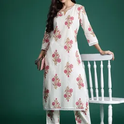 Indo Era Women Floral Printed Pure Cotton Kurta with Trousers-image-16
