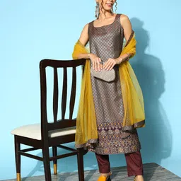Inddus Women Silk Blend Kurta with Trousers & Dupatta-image-15