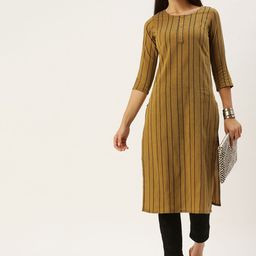 Saanjh Mustard Yellow & Black Striped Straight Kurti-image-14