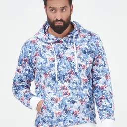 MR BUTTON Men Blue Printed Cotton Hooded Sweatshirt-image-26