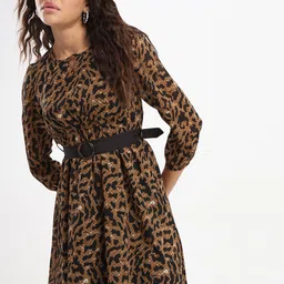 SZN Women Animal Print Keyhole Neck Puff Sleeve Georgette A-Line Dress Comes With A Belt-image-20
