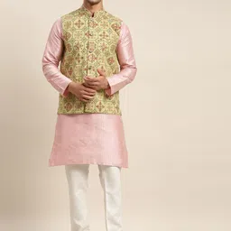 SOJANYA Men Pink Striped Kurta with Churidar & Nehru Jacket-picture-58