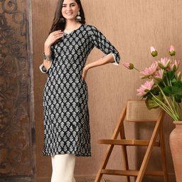 Lavantika Floral Printed Notch-Neck Cotton Straight Kurta-image-61