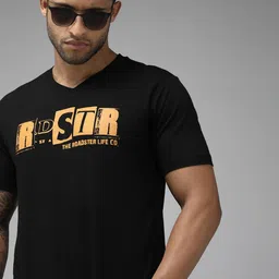 Roadster Men Black & Peach-Coloured Brand Logo Printed V-Neck Pure Cotton T-shirt-picture-4