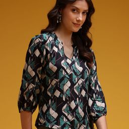 HERE&NOW Geometric Print Mandarin Collar Puff Sleeve Top-image-42