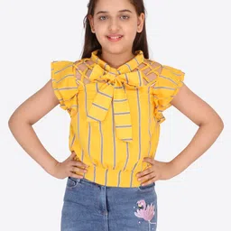 CUTECUMBER Girls Yellow Striped Tie-Up Neck Blouson Top-image-44