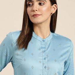 Hancock Geometric Print Mandarin Collar Shirt Style Top-picture-43