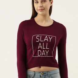 Campus Sutra Women Burgundy & White Printed Round Neck Crop T-shirt-image-70