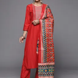 Varanga Women Rust Embroidered Empire Kurta with Trousers & With Dupatta-27