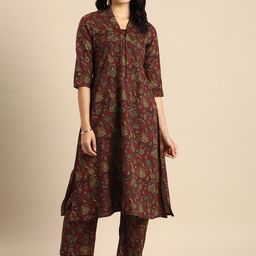 Anouk Floral Printed Pleated Pure Cotton Kurta with Trousers-image-7