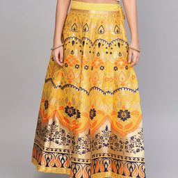 Varanga Women Mustard Yellow & Navy Blue Woven Design Flared Maxi Skirt-image-83