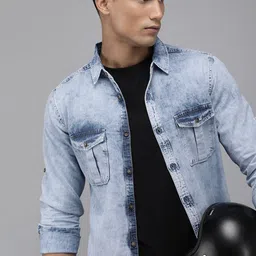 The Roadster Lifestyle Co Men Blue Regular Fit Faded Opaque Pure Cotton Casual Denim Shirt with Pockets-image-73