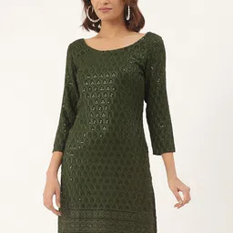 BRINNS Olive Green Embellished A-Line Dress-image-49