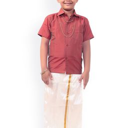 Thala-thalapathy Boys Red & Off-White Solid Shirt with Veshti & Gift-20