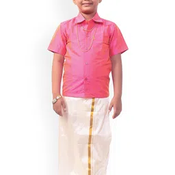 Thangamagan Boys Magenta Pink & White Solid Shirt and Veshti-33