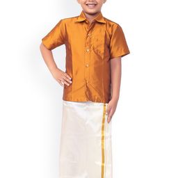 Thala-thalapathy Boys Mustard Yellow & Off-White Solid Shirt with Veshti & Towel With Gift Set-39