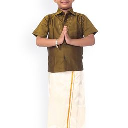 Thala-thalapathy Boys Olive Green Solid Solid Shirt with Veshti & Gift Set-image-87