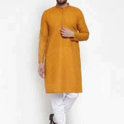 Jompers Men Mustard Orange & White Self Design Kurta with Churidar-image-51