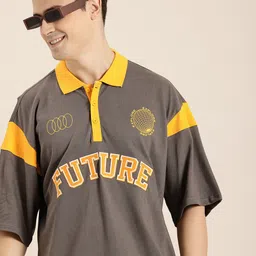 HERE&NOW Typography Self Design Polo Collar Drop-Shoulder Sleeves Pure Cotton T-shirt-image-63
