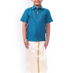 Thala-thalapathy Boys Blue Solid Shirt with Veshti & Gift Set-picture-22