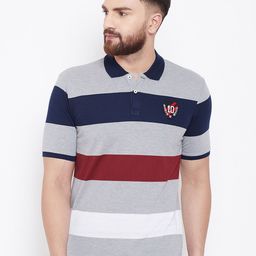 Austin wood Men Grey Striped Polo Collar T-shirt-image-51