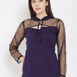 Belle Fille Women Aubergine Colourblocked Semi-Sheer Hooded Top-image-79