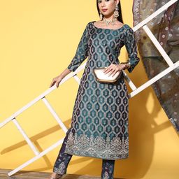 Inddus Teal Pure Cotton Unstitched Dress Material-image-12