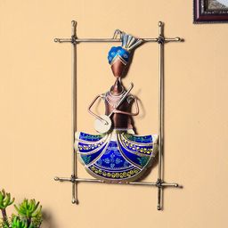 Golden Peacock Blue & Gold-Toned Musician Playing Cymbal Instrument Handcrafted Wall Decor-image-58
