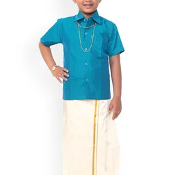 Thala-thalapathy Boys & Cream-Coloured Blue Solid Shirt with Veshti & Gift Set-picture-30