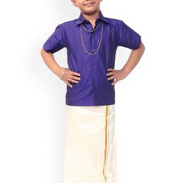 Thangamagan Boys Navy Blue & Off- White Solid Shirt and Veshti-0