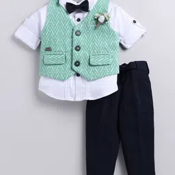 LITTLE COLLARS Self- Design Single-Breasted Waistcoat with Trouser & Shirt 3- Piece Suit-picture-1