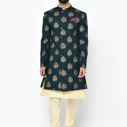 KISAH Men Navy Blue & Cream Printed Sherwani Set-picture-2