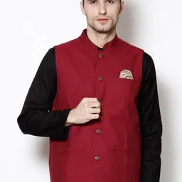 even Men Maroon Solid Woven Nehru Jacket-39