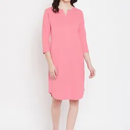 Hypernation Women Pink Solid Knee Length Knitted Nightdress-image-8
