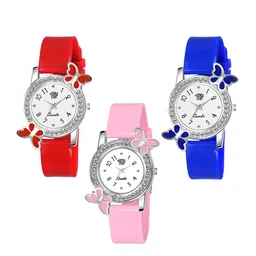 SWADESI STUFF Boys Set Of 3 White Analogue Watches 2 BF RED PINK BLUE-14