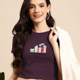 Mast & Harbour Graphic Embroidered Crop T-shirt with Applique Detail-image-4