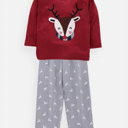 Nite Flite Kids Maroon & Grey Reindeer Printed Night Suit-image-52
