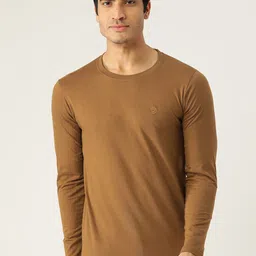 CHKOKKO Men Mustard Brown Solid Round Neck T-shirt-picture-4